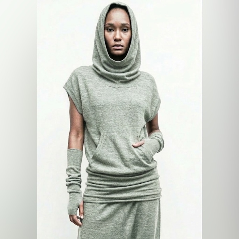 Nicholas K Linen Cotton Cowl Hood Tunic Hoodie Sage Gray XS Avant Garde Pocket